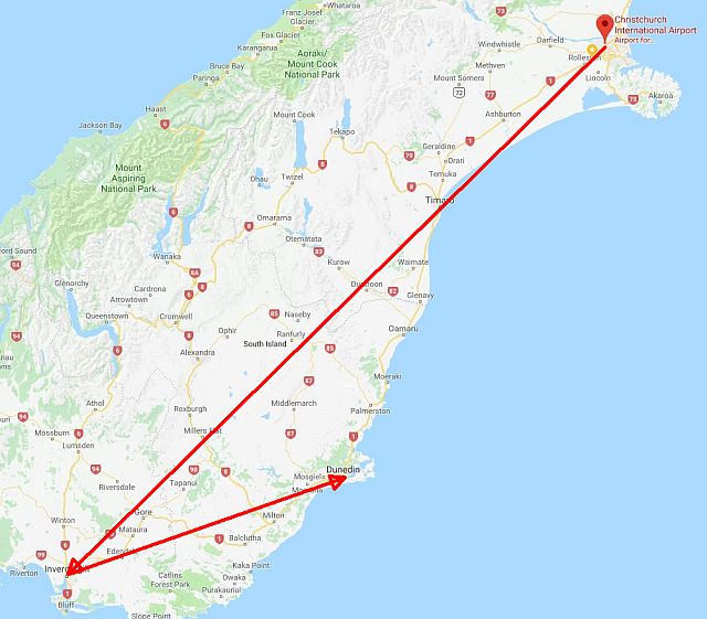 Christchurch-Invercargill-Dunedin map