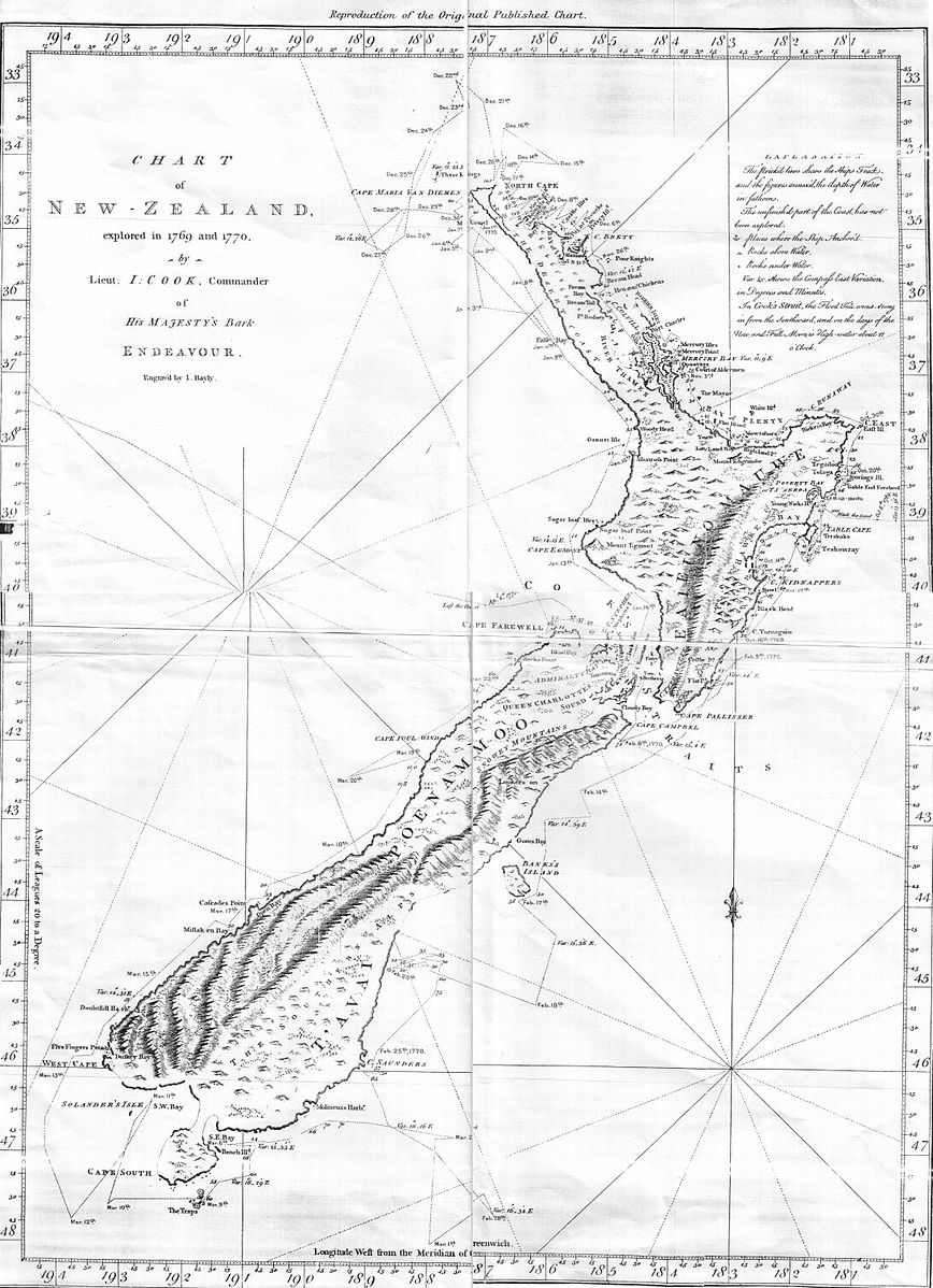 Drawn in 1770, Lieutenant James Cook's map of Aotearoa New Zealand was the first complete map and chart of the country’s coastline. Image: Public Domain.