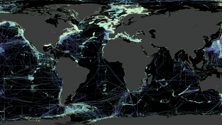 The dark areas in this image show unmapped areas of the oceans as of 2022. Source: IHO Data Centre for Digital Bathymetry (DCDB).